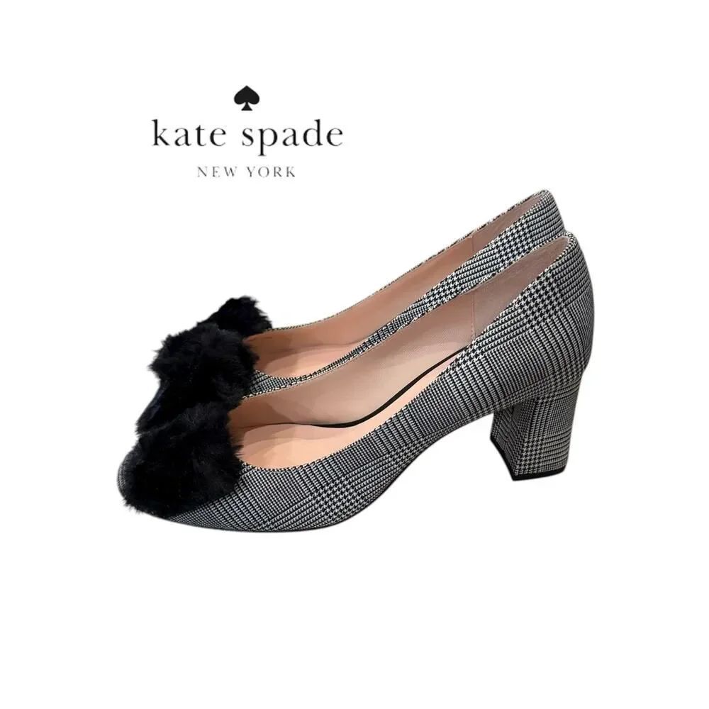 New Kate Spade New York Women’s Carine Black White Pom Pom Heels Pumps 8